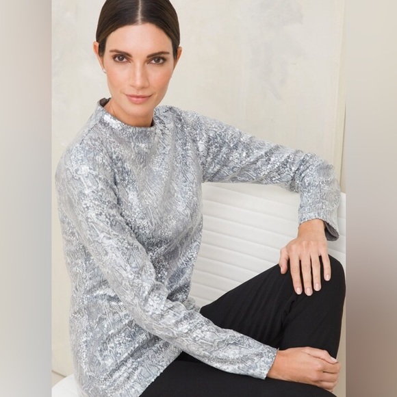 Chicos Size 2 Python Sequin Mock Neck Top - Picture 3 of 10